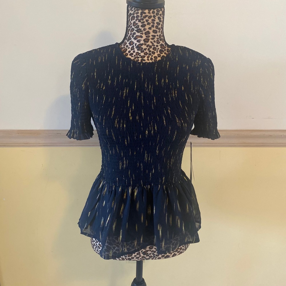 AQUA Navy Gold Metallic Stripe Smocked Peplum Top‎ Women's Size S Short Sleeve